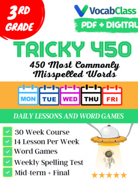 Preview of Tricky 450! 3rd Grade Spelling Program | 30 Weeks | PDF | Google Slides