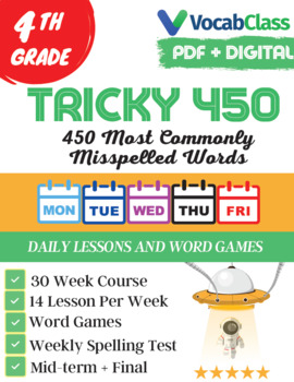 Preview of Tricky 450! 4th Grade Spelling Program | 30 Weeks | PDF | Google Slides