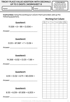 tricky place value addition worksheets decimal numbers tpt