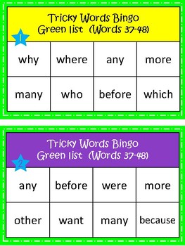 Tricky Words Bingo - Green List (words 37-48) by Mrs Warner's Wonderful ...