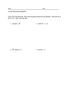 Preview of Trig Equations Multiple Angles (with answers in degrees)