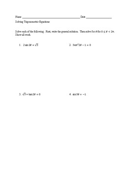 Preview of Trig Equations Multiple Angles (with answers in radians)