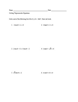 Preview of Trig Equations Practice (with answers in degrees)