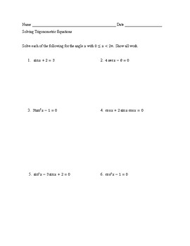 Preview of Trig Equations Quiz (with answers in radians)