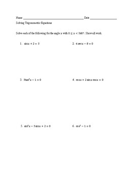 Preview of Trig Equations Quiz (with answers in degrees) with Answer Key