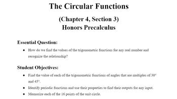 Preview of Trig Handouts 3 (Circular Functions) & 4 (Graphs of Sine and Cosine: Sinusoids)