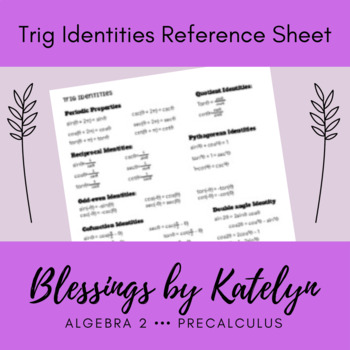Preview of Trig Identites Reference Sheet
