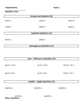 Preview of Trig Identities Test/Reference Sheet