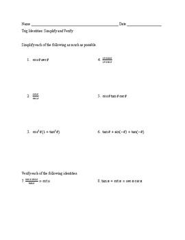 Preview of Trig Identities Worksheet - Simplify/Verify