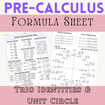 Preview of Trig Identity Formula Sheet w/ Unit circle-Reciprocal, Quotient, Pythagorean,etc
