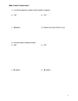 Trig & Unit Circle Quiz by Dutton Math | Teachers Pay Teachers