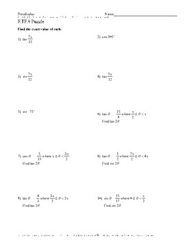 Trigonometric Angles Puzzle Worksheet by Withacee's Math Worksheets