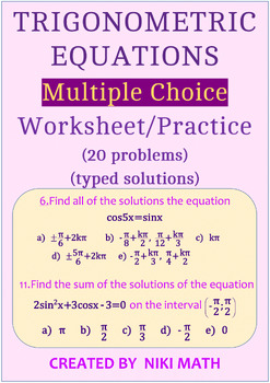 Preview of Trigonometric Equations - Multiple-Choice WS/Practice (20 problems + solutions)
