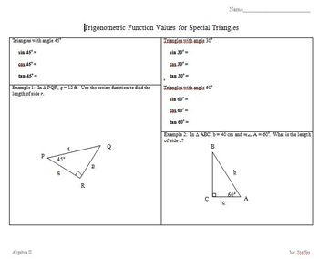 Preview of Trigonometric Function Values for Special Triangles