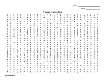 Preview of Trigonometric Functions Word Search for a Pre. Calculus Course