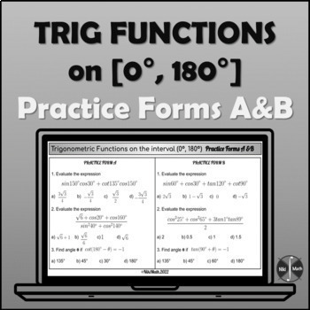 Preview of Trigonometric Functions on 0 to 180 degrees -Multiple Choice Practice Forms A&B