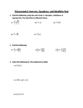 Preview of Trigonometric Inverses, Equations, and Identities Test