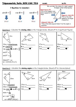 Preview of Trigonometric Ratio Worksheet 1 - SOH CAH TOA
