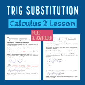 Preview of Trigonometric Substitution (Scaffolded+Filled) Calculus Integration Technique