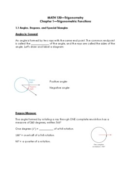 Preview of Trigonometry Chapter 1 Notes--The Six Trigonometric Functions