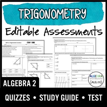 Preview of Trigonometry Editable Assessments | Quizzes | Study Guide | Test