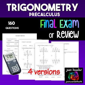 Preview of Trigonometry Final Exam or Practice Tests 160 questions