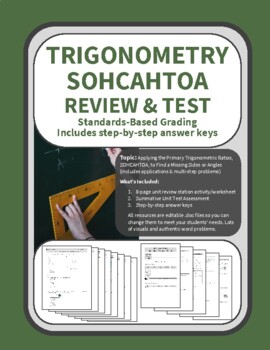 Preview of Trigonometry SOHCAHTOA Unit Review and Test + Answer Keys | Standards-Based