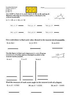 Preview of Trigonometry Sine, Cosine, Tangent Worksheet & Standards Quiz (Section 7.4)