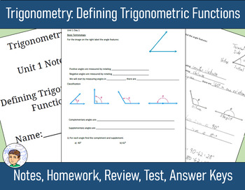 Preview of Trigonometry Unit 1 - Defining Trig Functions - Notes, HW, Review, Test, Answers