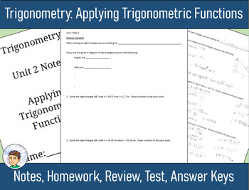 Preview of Trigonometry Unit 2 - Applying Trig Functions - Notes, HW, Review, Test, Answers