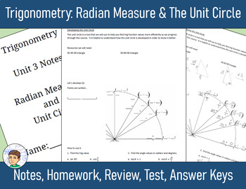 Preview of Trigonometry Unit 3 - Radians & Unit Circle - Notes, HW, Review, Test, Answers