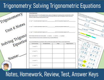 Preview of Trigonometry Unit 6 - Solving Trig Equations - Notes, Homework, Review, Answers