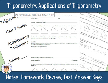 Preview of Trigonometry Unit 7 - Applications of Trig - Notes, Homework, Review, Answers