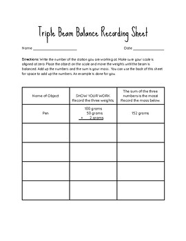 Preview of Triple Beam Balance Recording Sheet