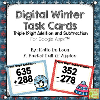 Preview of Triple Digit Addition and Subtraction Digital Winter Task Cards for Google Drive