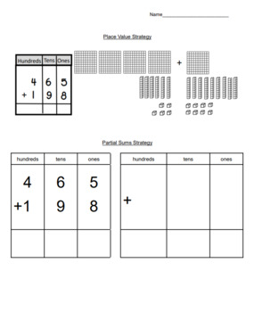 Preview of Triple Digit Addition w/ Regrouping-Two Strategies (Base 10 Blocks/Partial Sums)