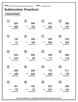 Triple Digit Subtraction Worksheet Maker - Create Infinite Math Worksheets!