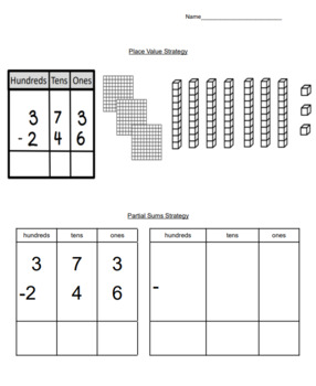 Preview of Triple Digit Subtraction Regrouping-Two Strategies (Base 10 Blocks/Partial Sums)
