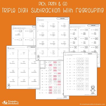 Triple Digit Subtraction With Regrouping Worksheets | TPT