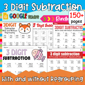 Preview of Triple Digit Subtraction Worksheets With and Without Regrouping Bundle - NO PREP