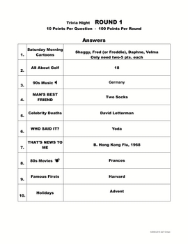 Trivia Night Fundraiser Questions Answer Sheets Scoresheets 1