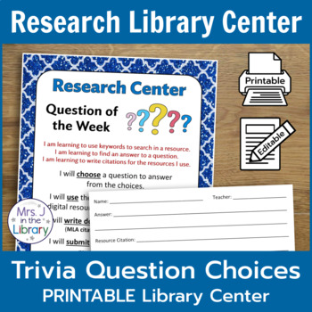 Preview of Trivia Question Research Center with Differentiated Resource Citations