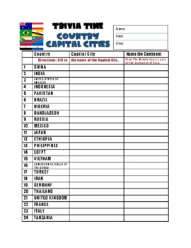 Preview of Trivia Time Country Capitals Worksheet with Answer Key