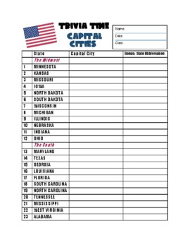 Preview of Trivia Time US Capital Cities Worksheet plus Answer Key
