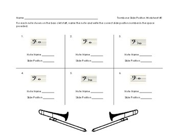 Preview of Trombone Slide Position Worksheet for Band Beginners