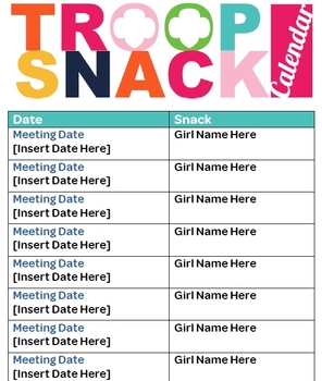 Preview of Troop Snack Calendar