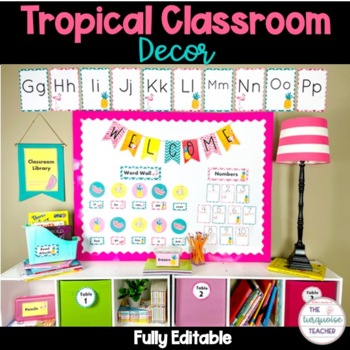 Preview of Bright Tropical Classroom Decor Pack - Editable Flamingo Pineapple