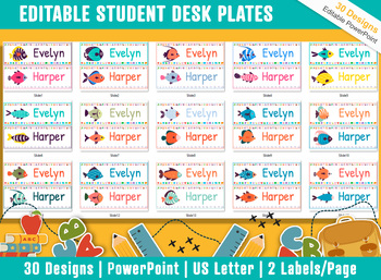 Preview of Tropical Fish Student Desk Plates: 30 Editable Designs with PowerPoint