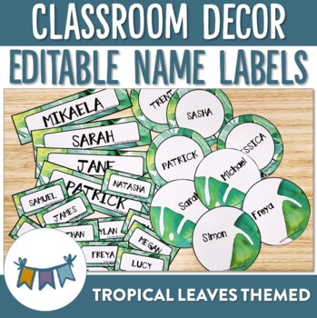 Preview of Tropical Leaves Themed Editable Classroom Labels