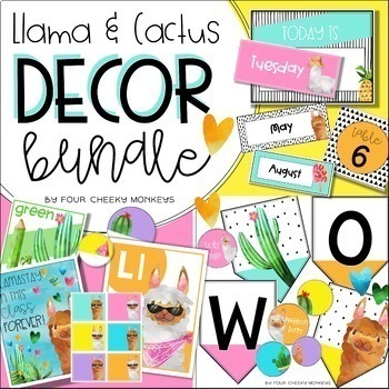 Preview of Tropical Classroom Decor Bundle - Bright Llama and Cactus